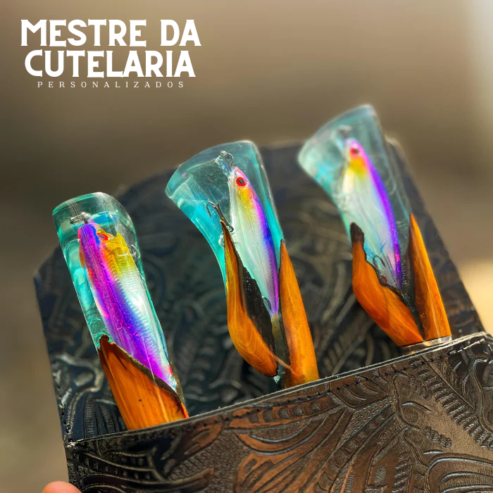 Kit Churrasqueiro Pescador 3 Peças - Faca, Garfo e Chaira