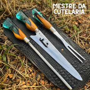 Kit Churrasqueiro Pescador 3 Peças - Faca, Garfo e Chaira