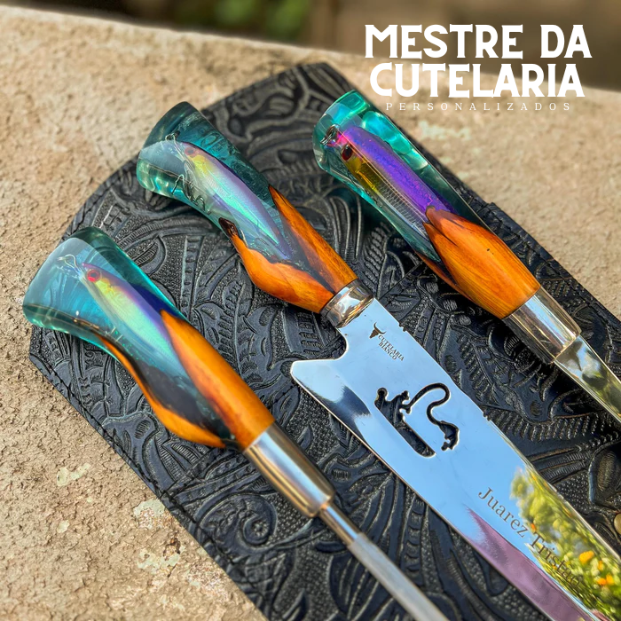 Kit Churrasqueiro Pescador 3 Peças - Faca, Garfo e Chaira