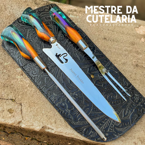 Kit Churrasqueiro Pescador 3 Peças - Faca, Garfo e Chaira