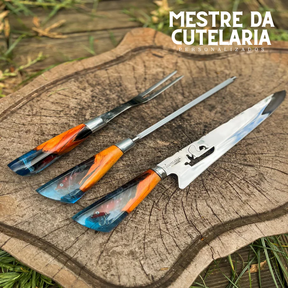 Kit Churrasqueiro Pescador 3 Peças - Faca, Garfo e Chaira