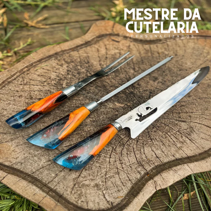 Kit Churrasqueiro Pescador 3 Peças - Faca, Garfo e Chaira