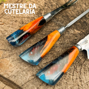 Kit Churrasqueiro Pescador 3 Peças - Faca, Garfo e Chaira