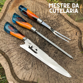 Kit Churrasqueiro Pescador 3 Peças - Faca, Garfo e Chaira